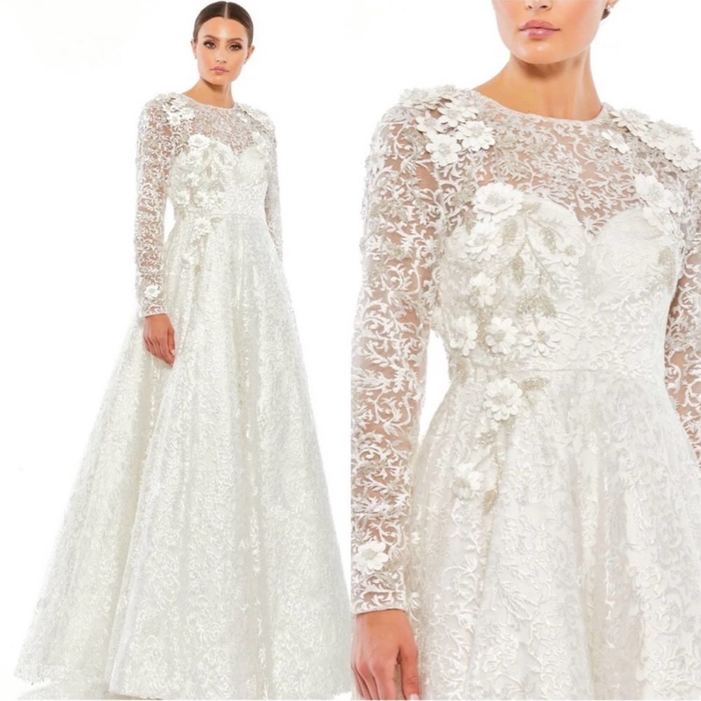 Mac Duggal Embellished Illusion long sleeves A line Gown